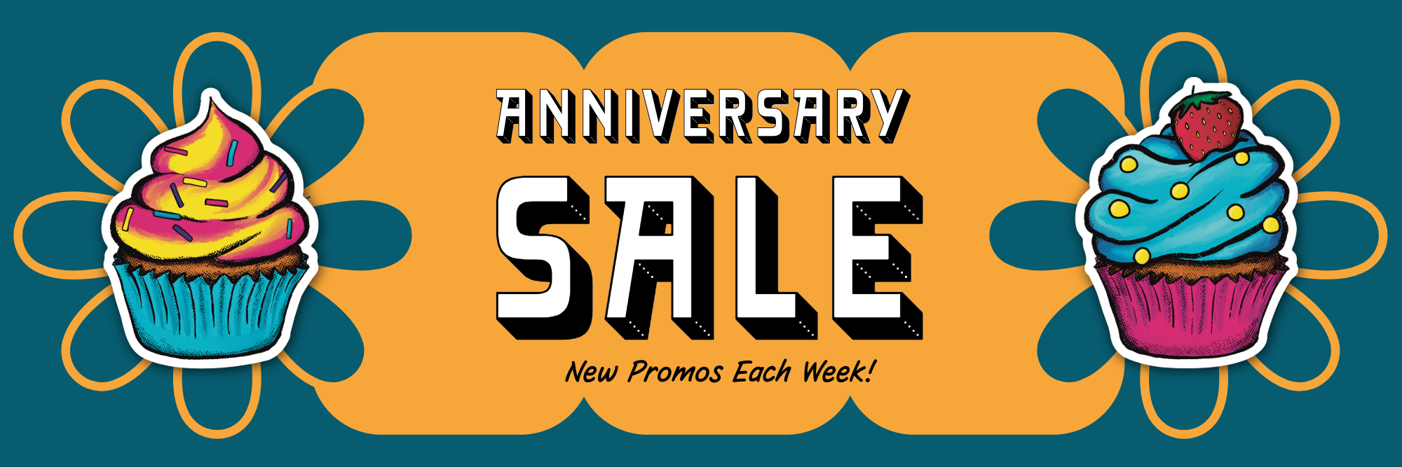 Anniversary sale banner with colorful cupcakes on a blue background