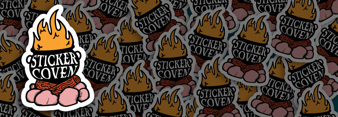 foreground: a graphic of a cauldron on a campfire with a thick white outline depicting a die cut sticker. The text "Sticker Coven" is on the front of the cauldron.
background: repeating image of a cauldron on a campfire with the text "Sticker Coven". There is a dark overlay so that the background is darker and out of focus.