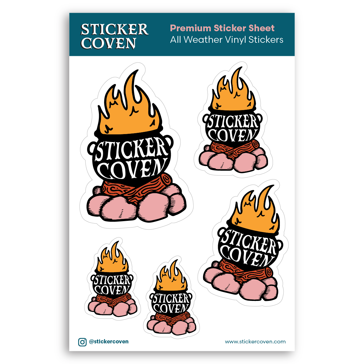 A sheet of custom vinyl stickers with a design that includes flames and the text 'STICKER COVEN'