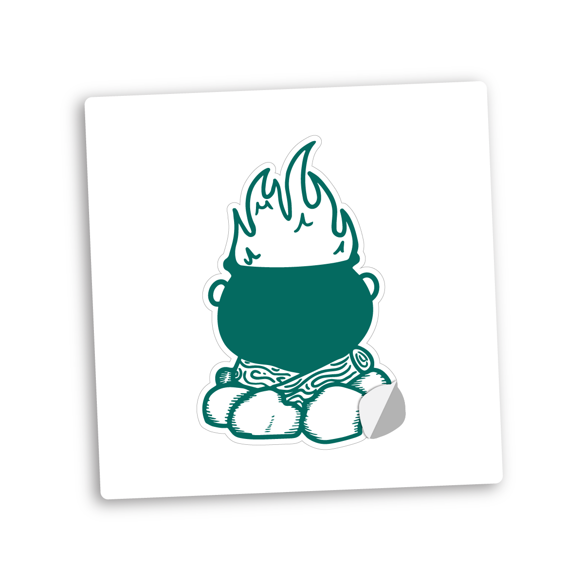 A square white vinyl sticker with a kiss-cut design featuring a green cauldron with flames coming out of it