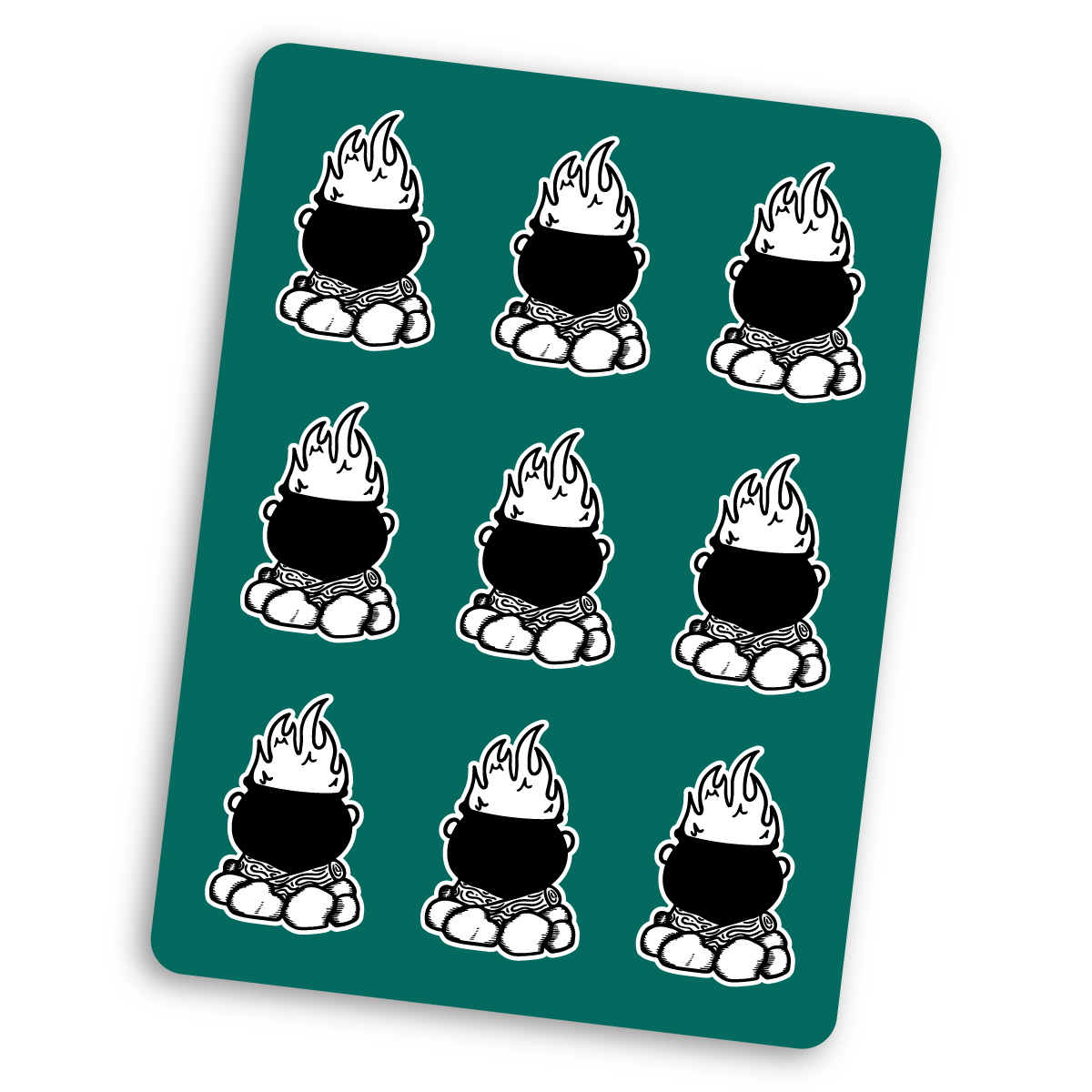 A sheet of stickers with multiple designs of a character logo, printed on white vinyl with a green background