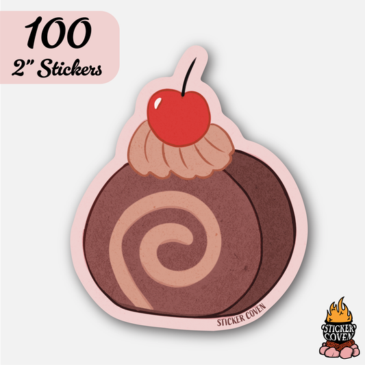 Sticker of a cake with a cherry on top on a light gray background, featuring 'Sticker Coven' branding.