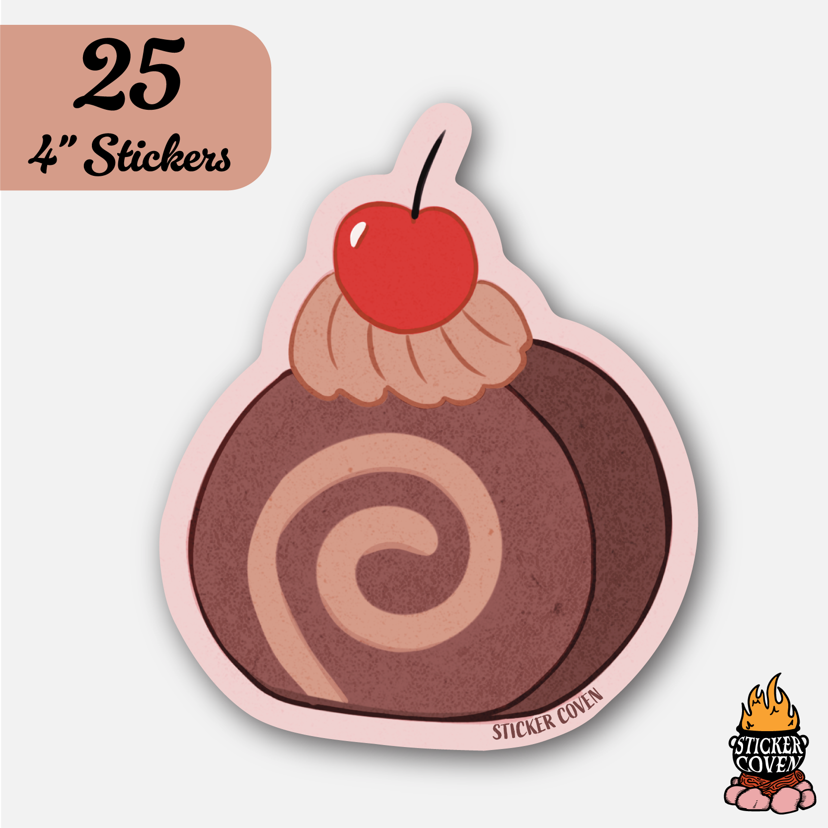 Sticker of a chocolate cake with a cherry on top, labeled '25 4" Stickers' 