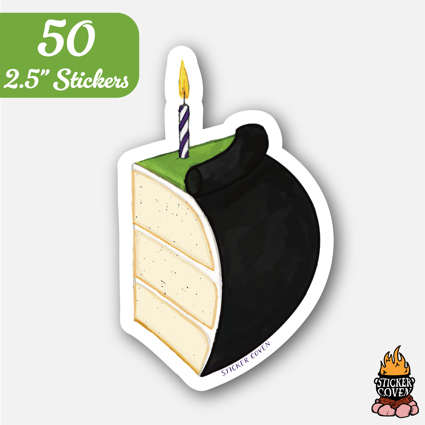 Sticker of a slice of cake with a candle on a white background