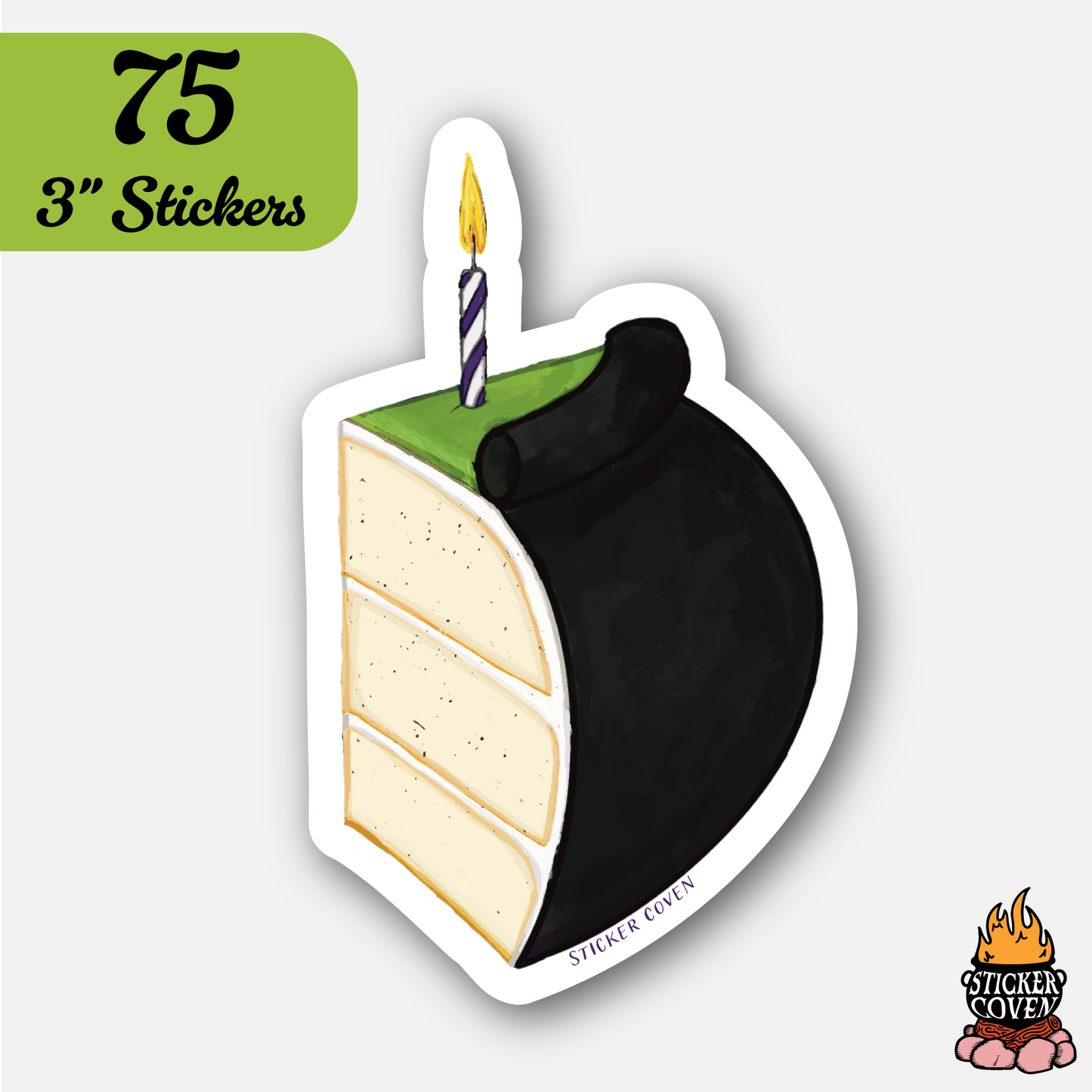 Sticker of a birthday cake with a candle on a white background, featuring 'Sticker Coven' branding.