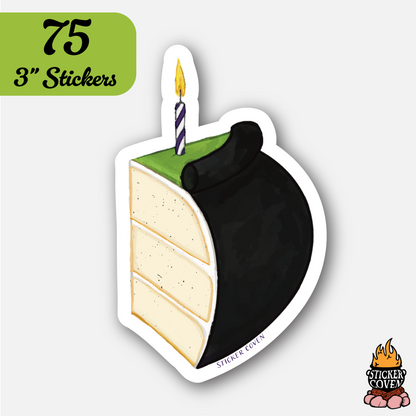 Sticker of a birthday cake with a candle on a white background, featuring 'Sticker Coven' branding.