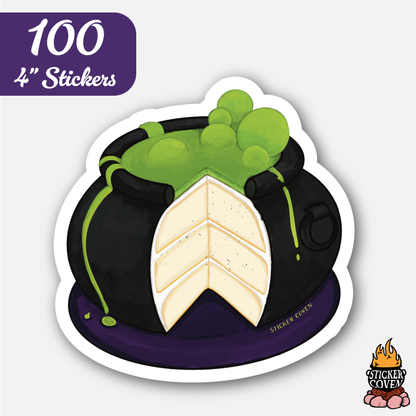 Illustrated sticker of a black cauldron with green foam and bubbles, labeled '100 4" Stickers' by Sticker Coven.