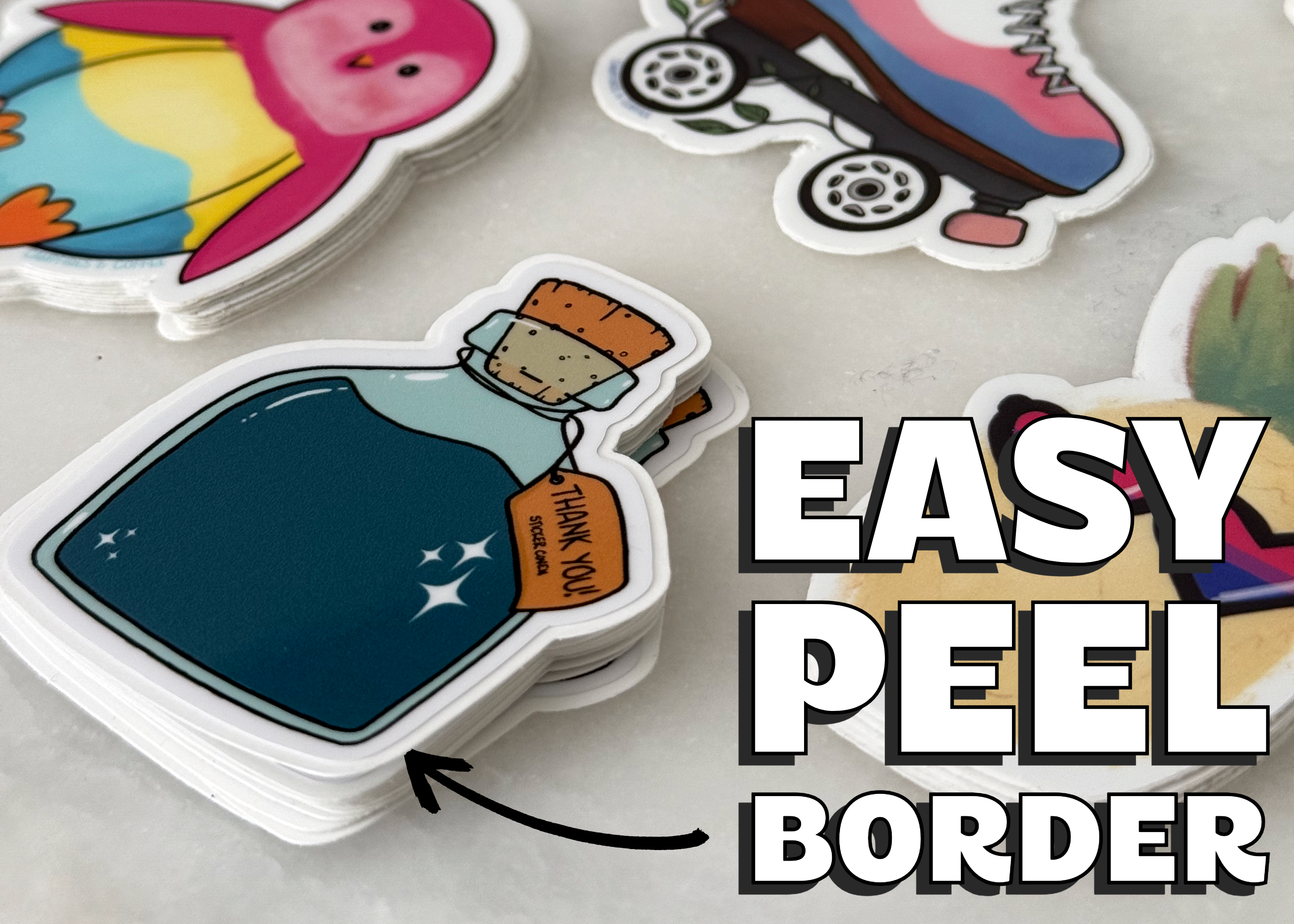 Stack of stickers with easy peel border