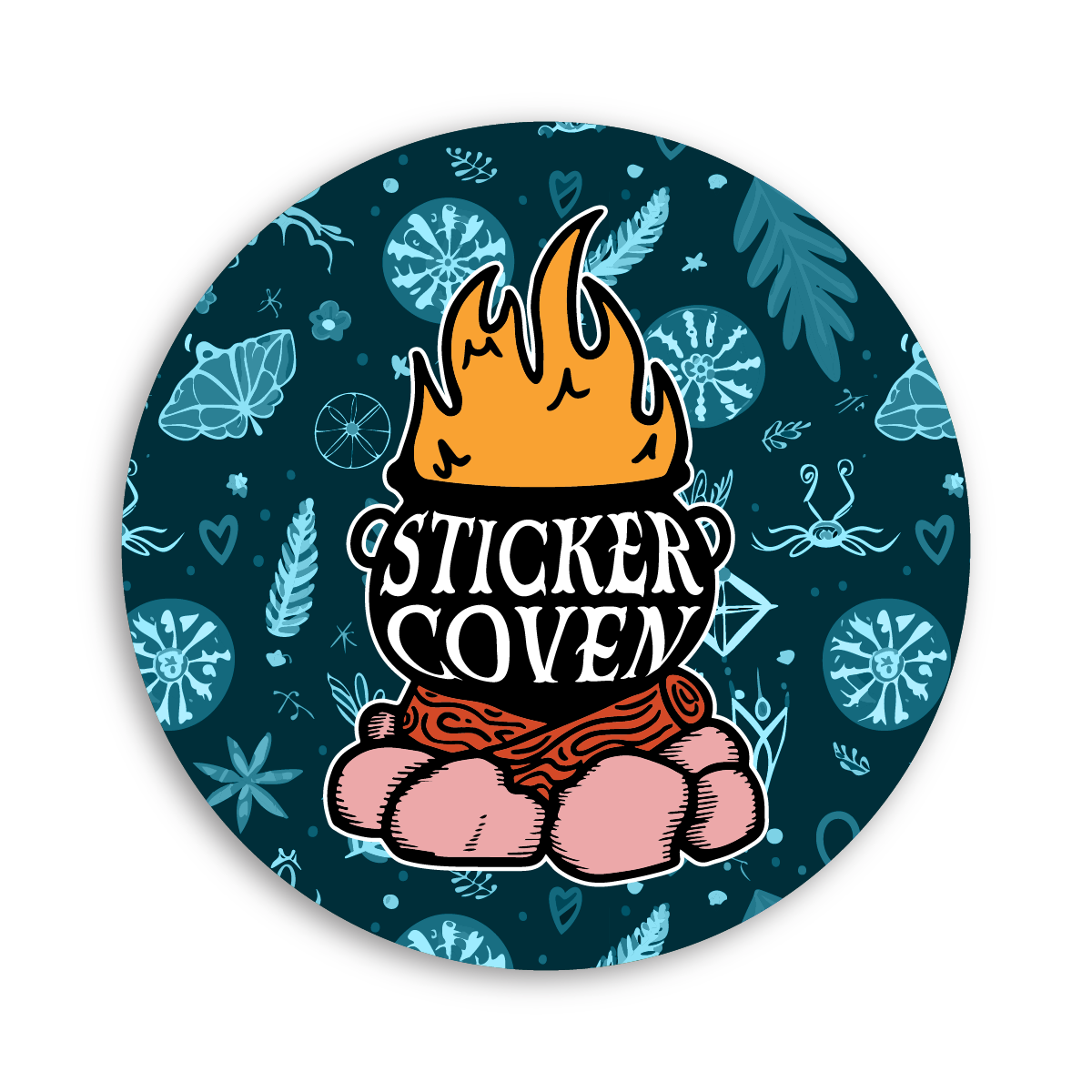 a blue patterned circle sticker with a cauldron on a campfire graphic with text "Sticker Coven"