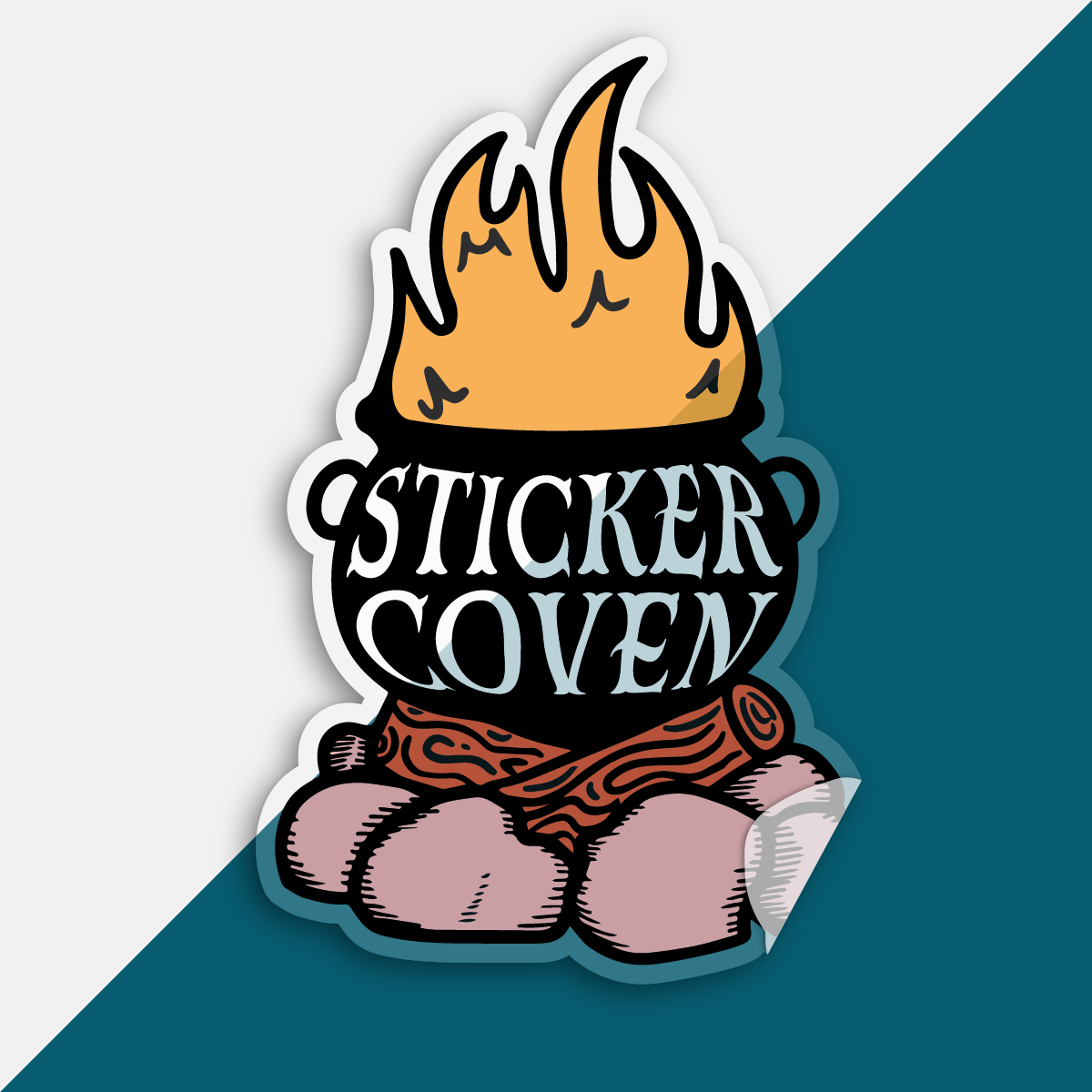 Clear die cut sticker with a cauldron on a campfire graphic over a split blue and white background. Text on the sticker reads "Sticker Cauldron"