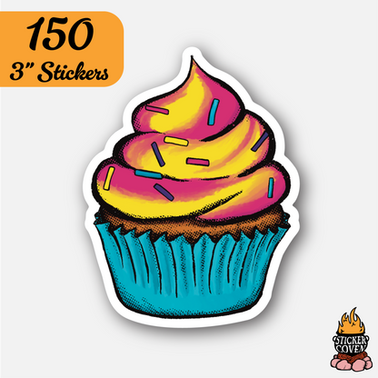 Colorful cupcake sticker with '150 3" Stickers' text