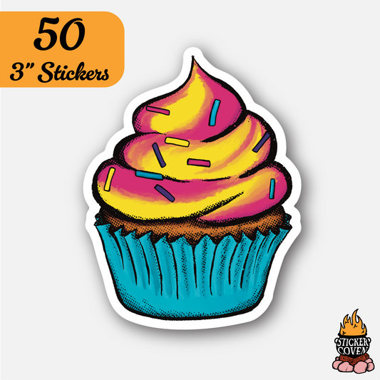 Colorful cupcake sticker with '50 3" Stickers'