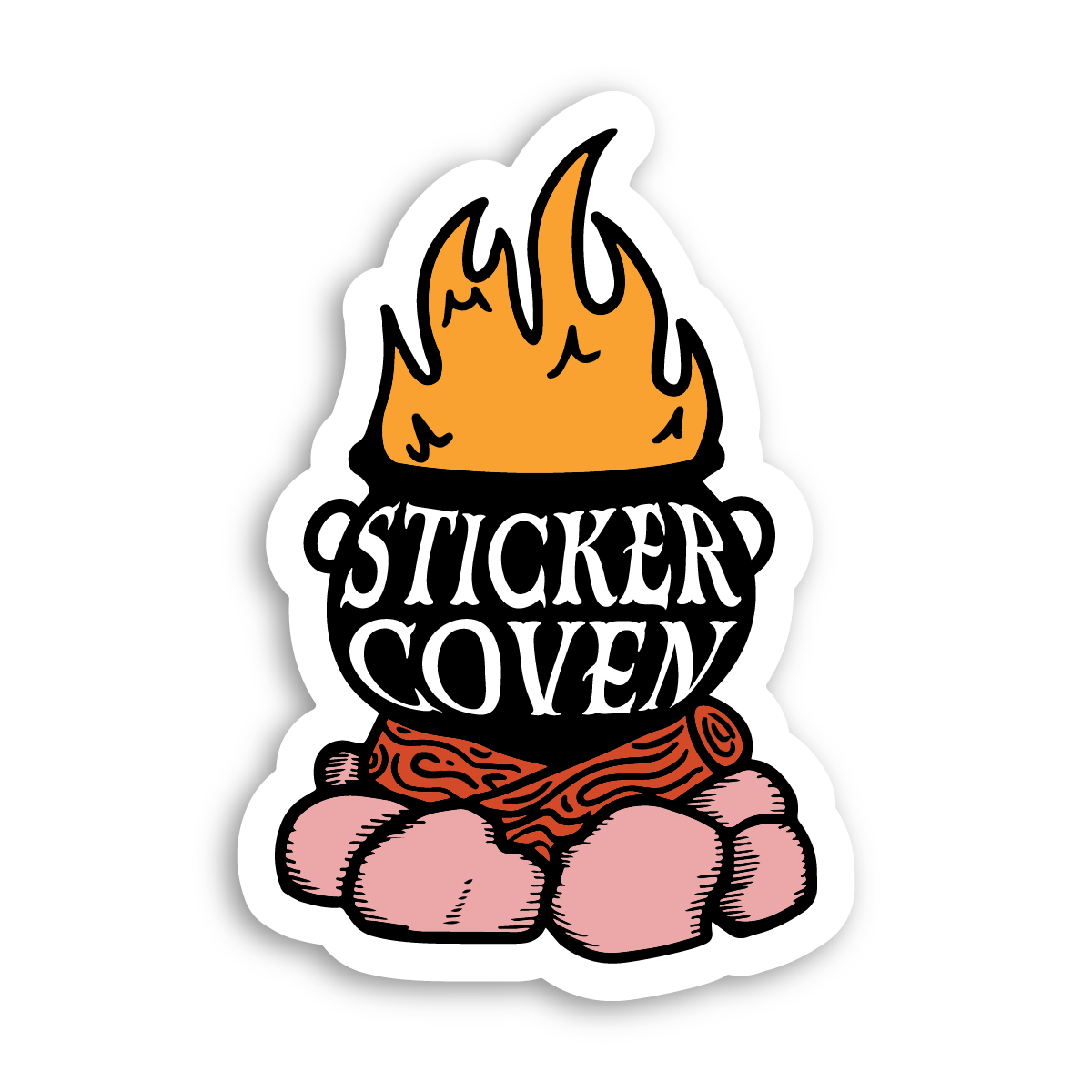 graphic of a cauldron on a campfire with text "Sticker Coven" on white background