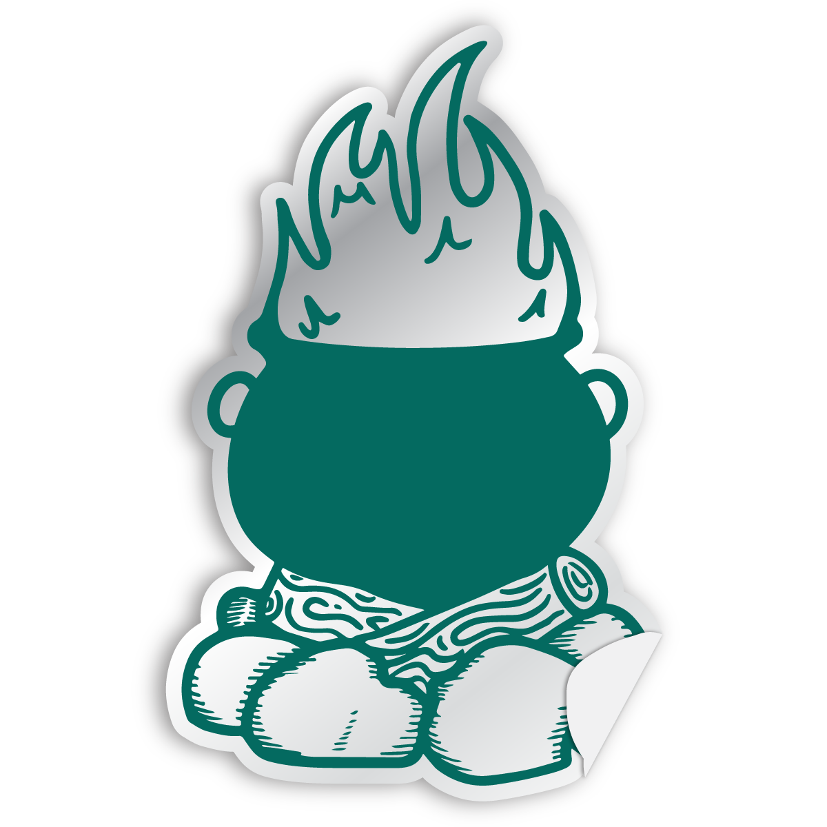 An icon depicting a silhouette of a green cauldron on a campfire holographic sticker