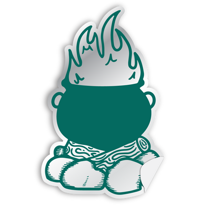 An icon depicting a silhouette of a green cauldron on a campfire holographic sticker