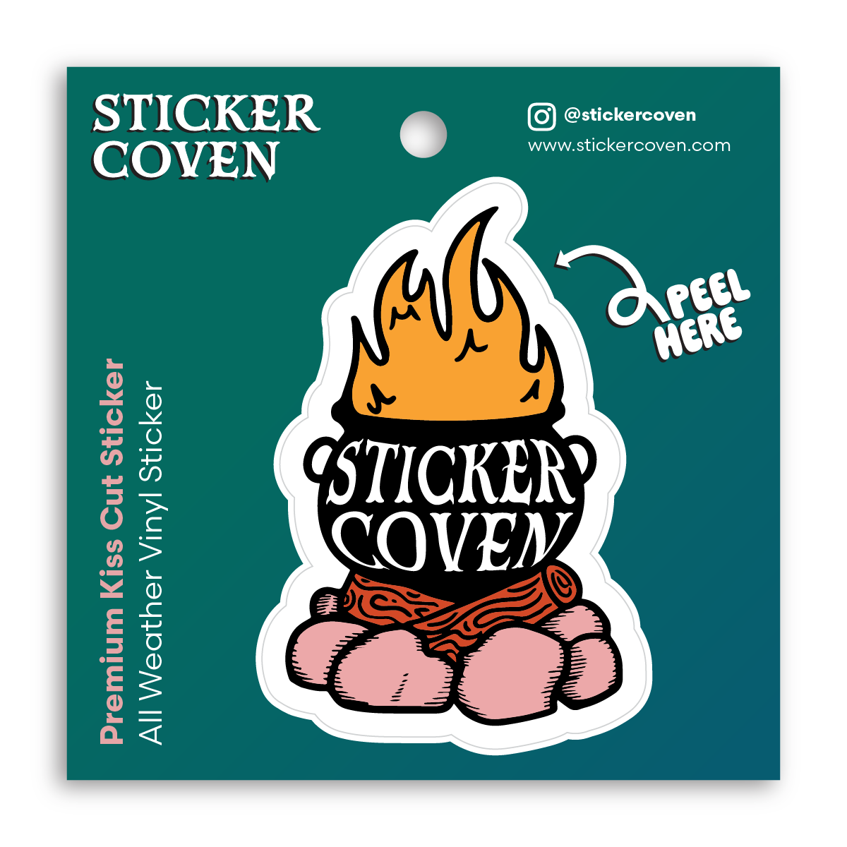 A green hanging card with a cauldron on a campfire sticker and the text "Sticker Coven", all on a white background