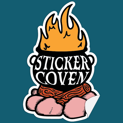 graphic of a cauldron on a campfire with text "Sticker Coven" on blue background